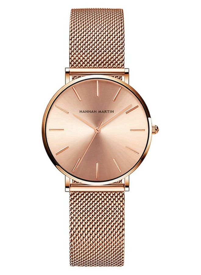 Hannah Martin Women’s Ultra-Thin Stainless Steel Mesh Watch Elegant, Waterproof & Timeless Analog Quartz Design Rose Gold
