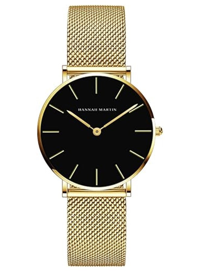 Hannah Martin Women’s Ultra-Thin Stainless Steel Mesh Watch Elegant, Waterproof & Timeless Analog Quartz Design Gold Black