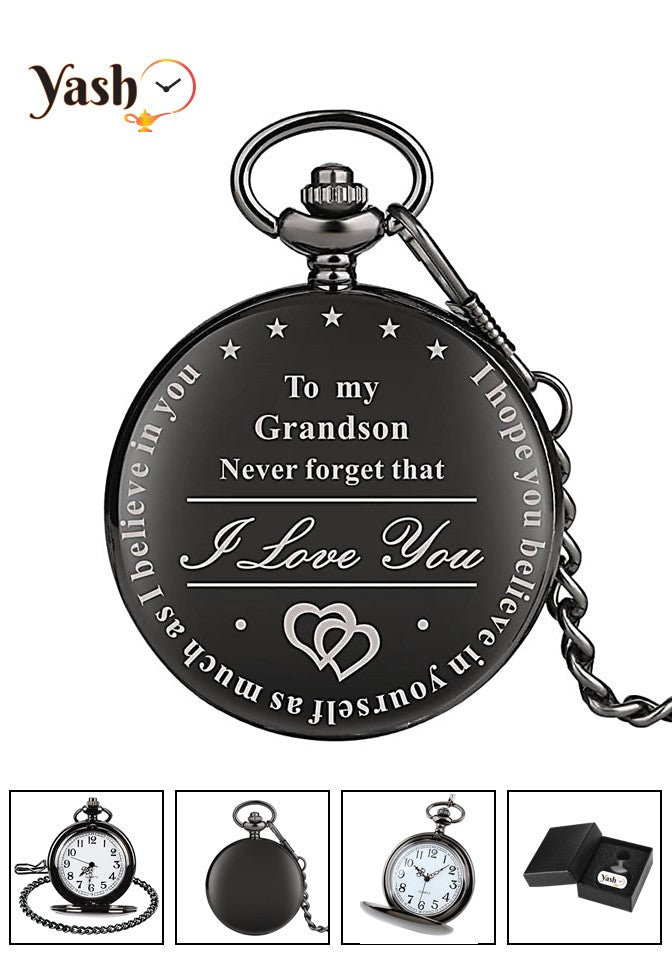 Yash Pocket Watch for Grandson – Engraved Vintage Timepiece with Inspirational Message – Elegant Black Quartz Fob Watch with Chain – Sentimental Gift for Grandson’s Birthday, Graduation, Christmas, or Special Occasion