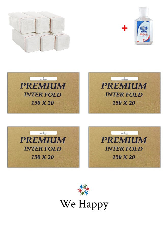 We Happy Premium Interfold Tissue Paper Hand Towel 150 Sheets x 20 Packs - 3000 Pieces Ideal for Kitchen Bathroom Table and Napkin Use with Hand Sanitizer 50ml