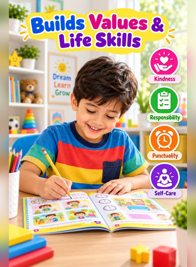 Boy doing We Happy 2nd Good Habits activities - kindness, responsibility, punctuality, self-care