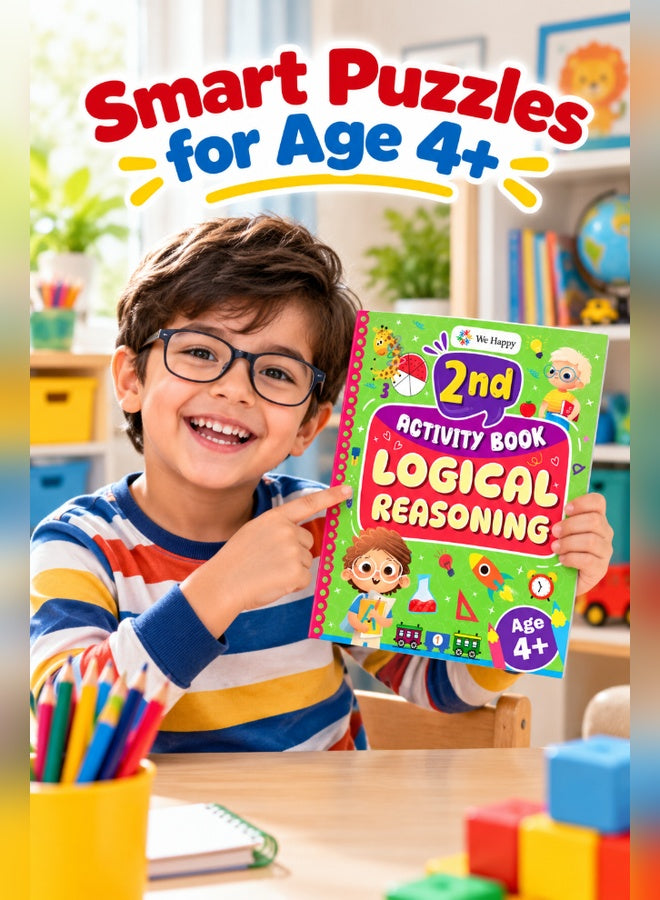 Boy holding We Happy 2nd Activity Book Logical Reasoning - smart puzzles for age 4+