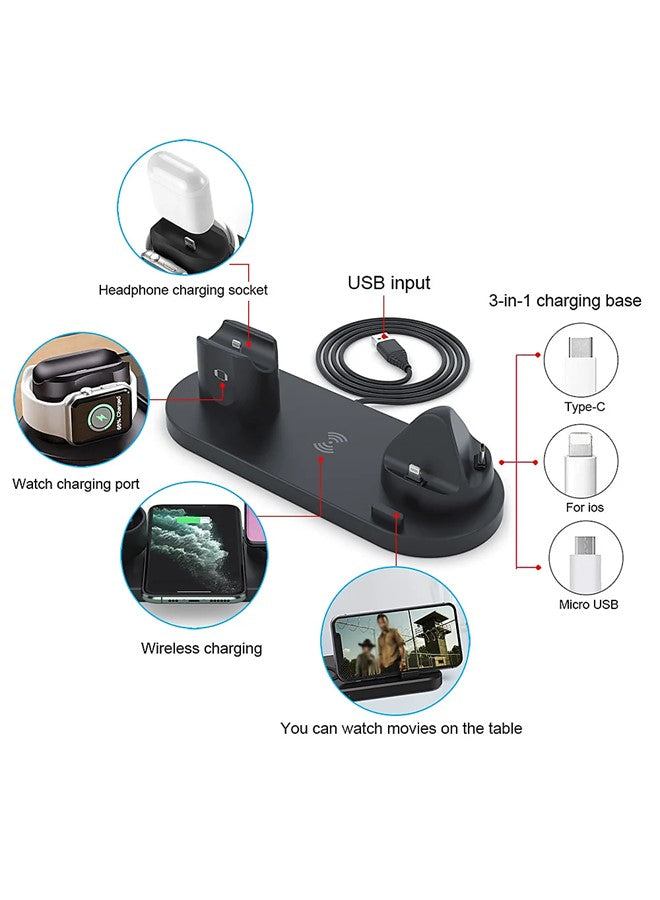 6 in 1 Wireless Charging Stand, Multi-Function Portable Fast Charger Station Pad for Smartphone, Apple Watch and AirPods