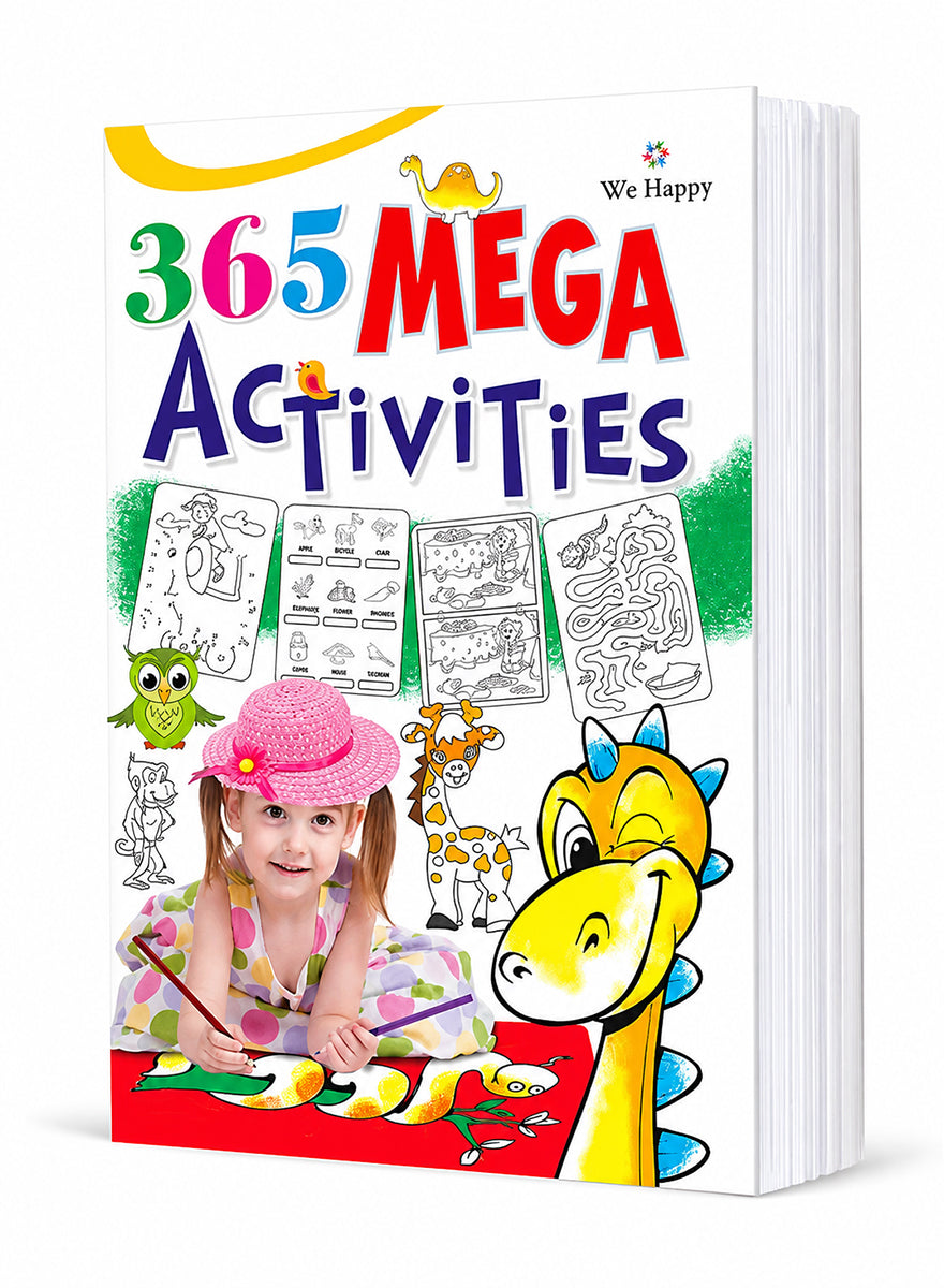 A children's activity book titled '365 MEGA Activities' by We Happy, shown standing upright against a plain white background. The cover is white with large colorful title text and cartoon illustrations including a dinosaur, owl, giraffe, and a young girl painting.