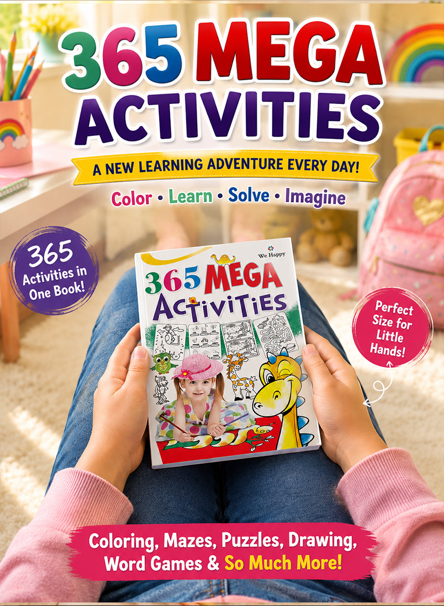A person holds a colorful book titled "365 MEGA ACTIVITIES" while sitting on a chair in a bright indoor setting. The cover shows playful children and cartoon illustrations, with promotional text around the book.