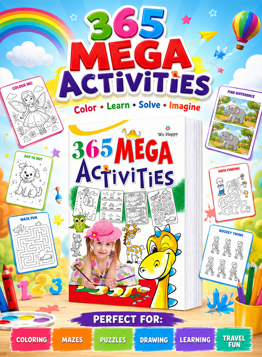 A colorful children's activity book cover titled '365 MEGA ACTIVITIES' with playful graphics, rainbow, hot air balloon, stars, and sample activity cards around the main book. The cover includes a child painting on the front and text indicating coloring, mazes, puzzles, drawing, learning, and travel fun.