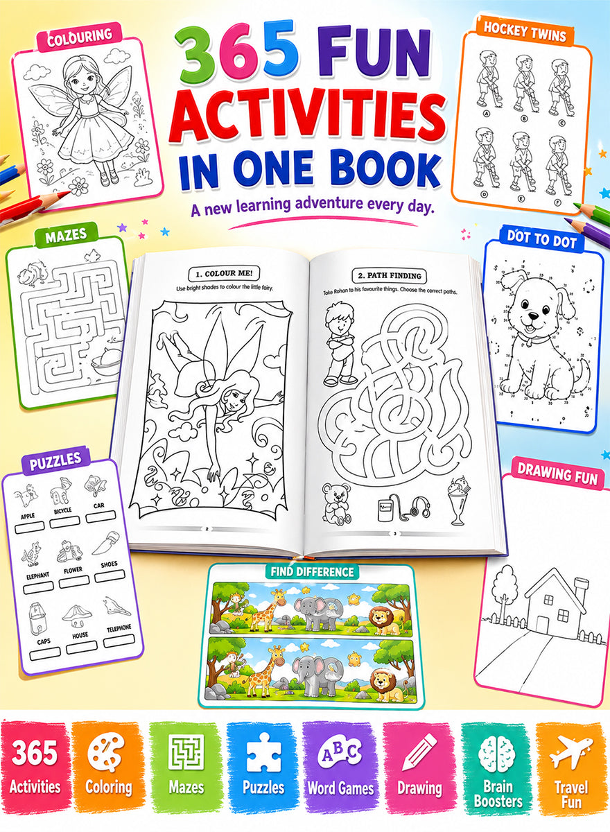 Promotional graphic for a children's activity book showing the title '365 FUN ACTIVITIES IN ONE BOOK' in large multicolored text, surrounded by sample activity pages such as coloring, hockeystick twins, mazes, dot to dot, puzzles, drawing fun, and find difference. The layout is bright and playful on a pale background with colored icons along the bottom.