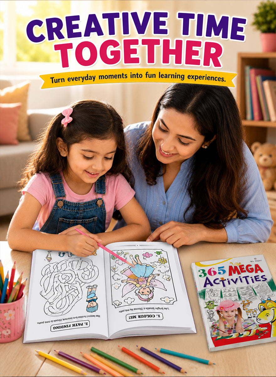 A woman and a young girl are sitting together at a table, coloring in a book. The scene is bright and cheerful, with the text 'CREATIVE TIME TOGETHER' at the top and a book cover reading '365 MEGA ACTIVITIES' on the table.