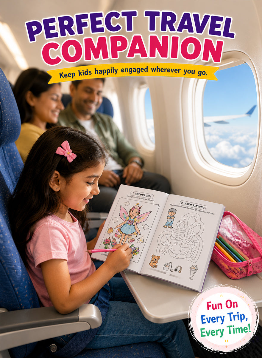 A children's travel activity book titled 'PERFECT TRAVEL COMPANION' is shown open on an airplane tray table, with a young girl coloring in it. A smiling man and woman are seated behind her, and an airplane window with sky is visible.