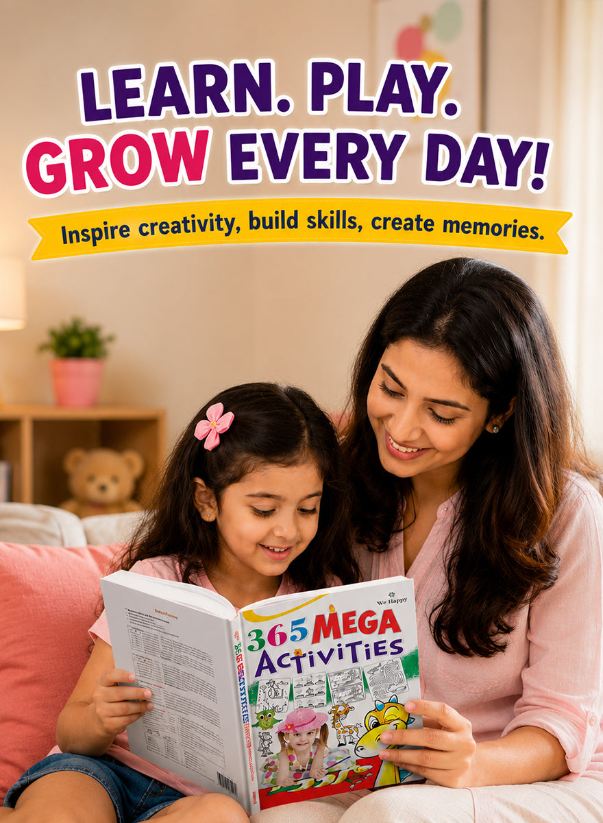 A woman and a young girl are sitting together on a couch, reading a colorful children's activity book titled '365 Mega Activities.' Large promotional text at the top reads 'LEARN.