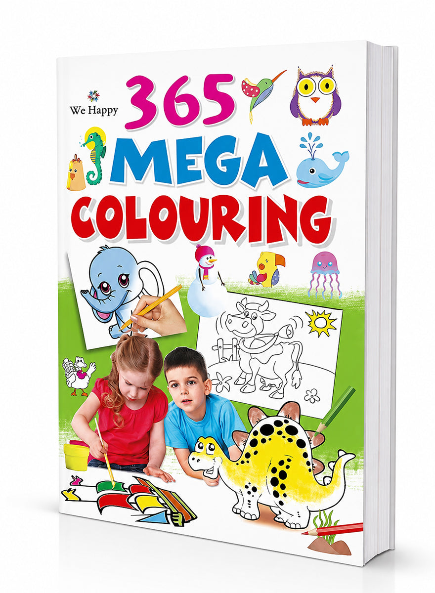 A 3D mockup of a children's coloring book titled '365 MEGA COLOURING' by We Happy. The cover is highly colorful with cartoon illustrations of animals (owl, whale, seahorse, turtle, cow, duck, jellyfish) and children coloring, set against a clean white background with a soft shadow.
