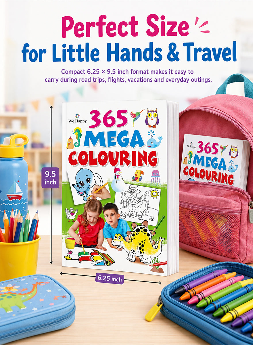 A children's coloring book titled '365 MEGA COLOURING' shown standing upright on a desk, with measurement callouts indicating 9.5 inch height and 6.