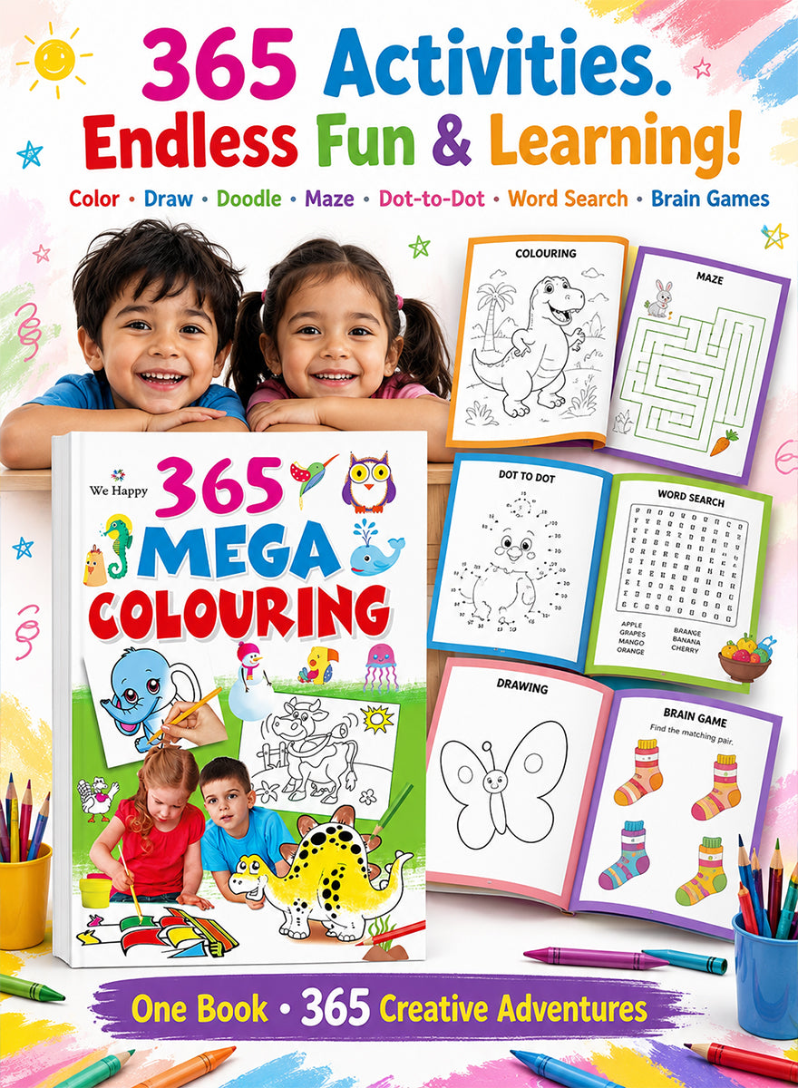 A colorful children's activity book cover titled '365 Mega Colouring' shown in front of two smiling children, with several sample activity pages and crayons around it. The image is a promotional product graphic rather than a plain studio product shot, but it is still centered on the product being sold, so Product/Packaging fits better than Lifestyle or Other.