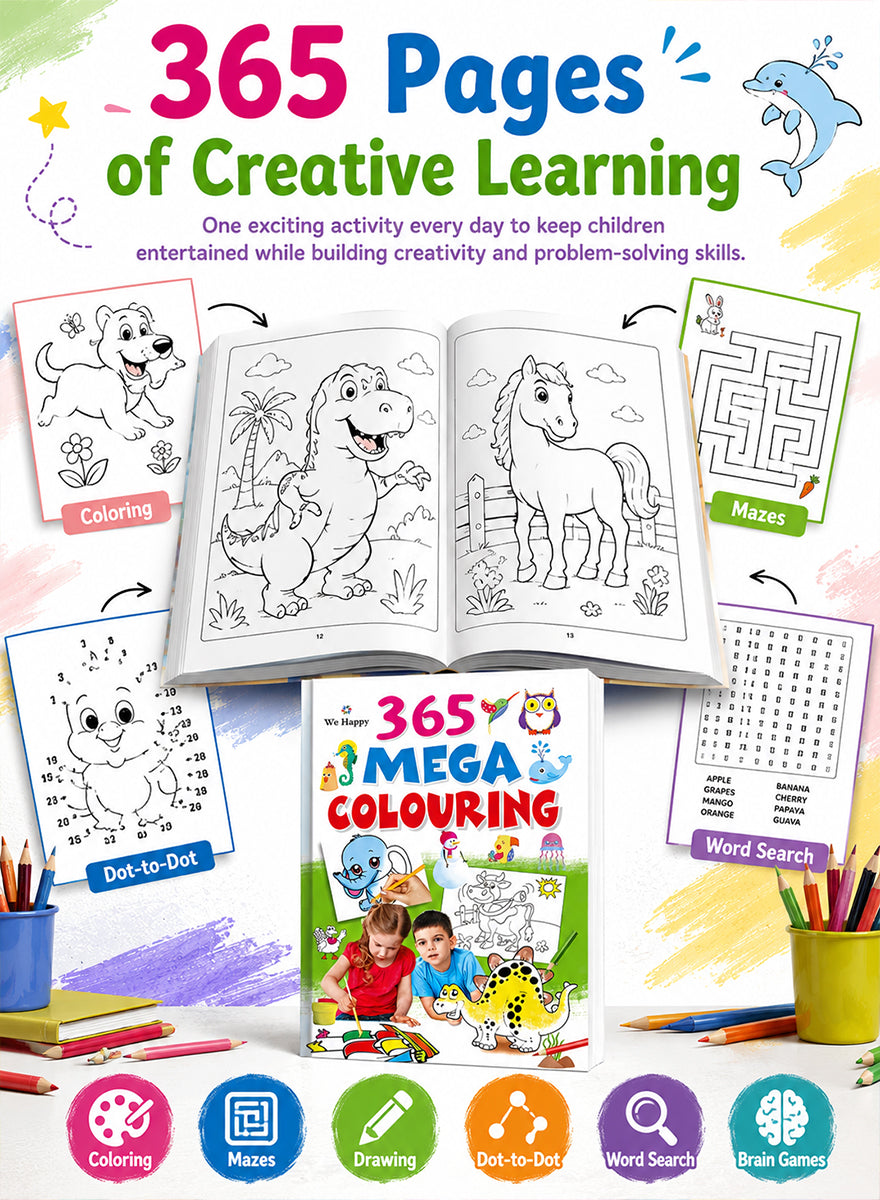 Promotional graphic for a children's activity book set titled "365 Pages of Creative Learning". The image shows an open coloring book with dinosaur and horse illustrations, several sample activity pages including coloring, mazes, dot-to-dot, word search, and brain games, colored pencils, and the front cover of a boxed or hardcover book labeled "365 Mega Colouring.