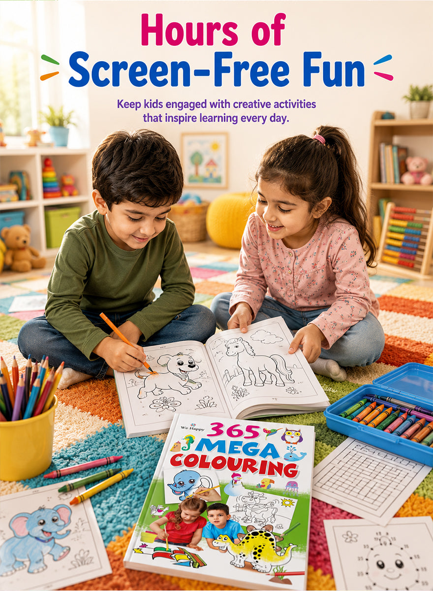 Two children sitting on a colorful rug in a toy-filled room, coloring in a book. A large book titled '365 Mega Colouring' is shown in the foreground, with colored pencils, coloring pages, and a blue pencil case around it.
