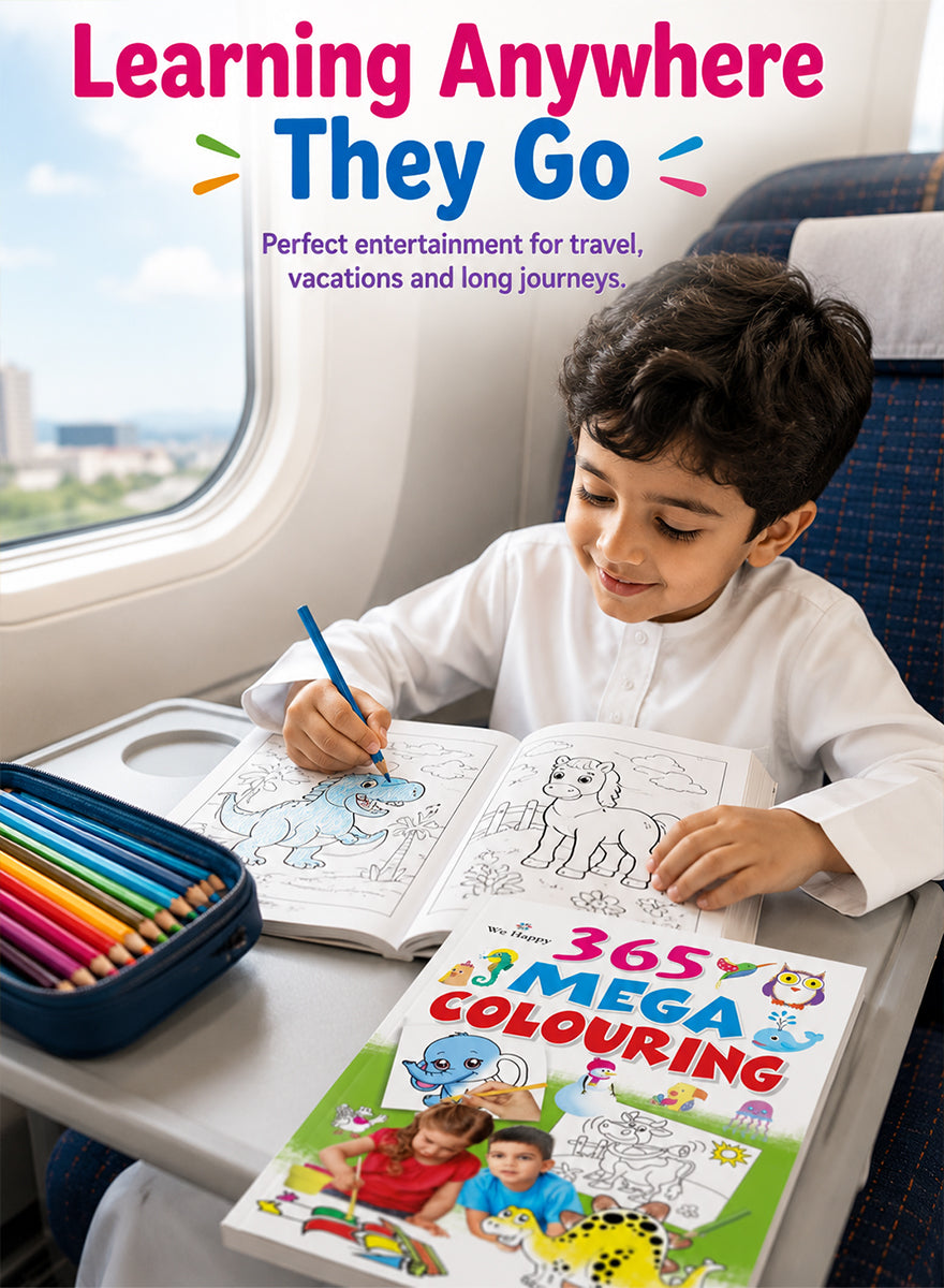 A child in a white traditional outfit sits at an airplane window, coloring in a book with a blue pencil. A colorful book titled '365 MEGA COLOURING' is placed on the tray table, along with a blue pencil case.