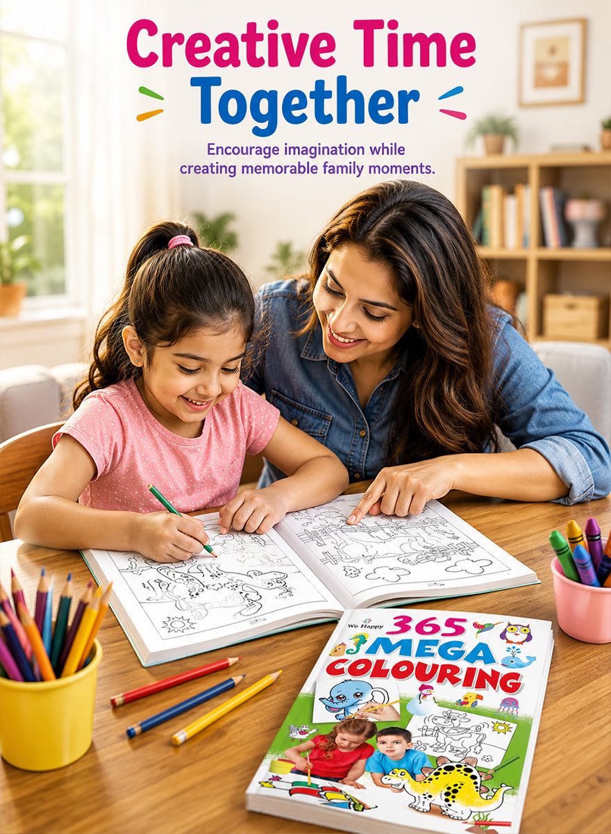 A woman and a young girl are sitting at a wooden table, smiling and coloring in black-and-white activity books. The scene is bright and cozy, with colorful pencils in cups, a book cover reading '365 MEGA COLOURING' in the foreground, and large promotional text at the top that says 'Creative Time Together.