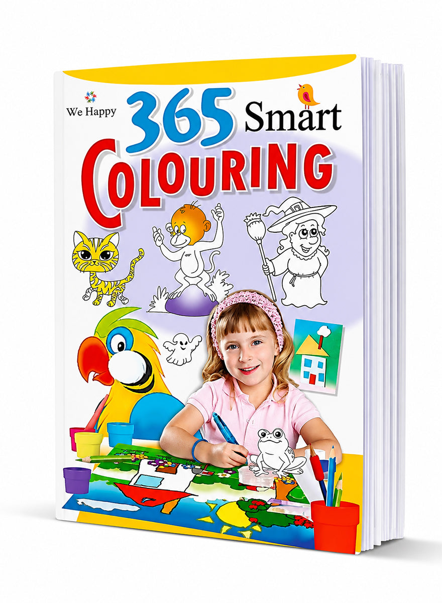 A children's coloring book titled '365 Smart COLOURING' by We Happy, shown standing upright on a white background. The cover features a colorful cartoon parrot, a child drawing, and various coloring illustrations.