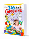 A children's coloring book titled '365 Smart COLOURING' by We Happy, shown standing upright on a white background. The cover features a colorful cartoon parrot, a child drawing, and various coloring illustrations.