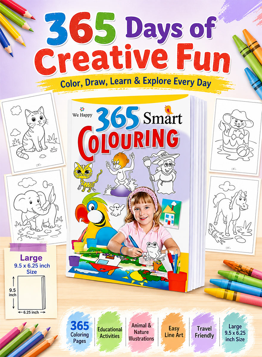 A colorful children's coloring book titled '365 Smart Colouring' shown on a light wood surface with several black-and-white animal coloring pages around it. The scene includes crayons, a child drawing, and promotional text such as '365 Days of Creative Fun' and feature callouts.