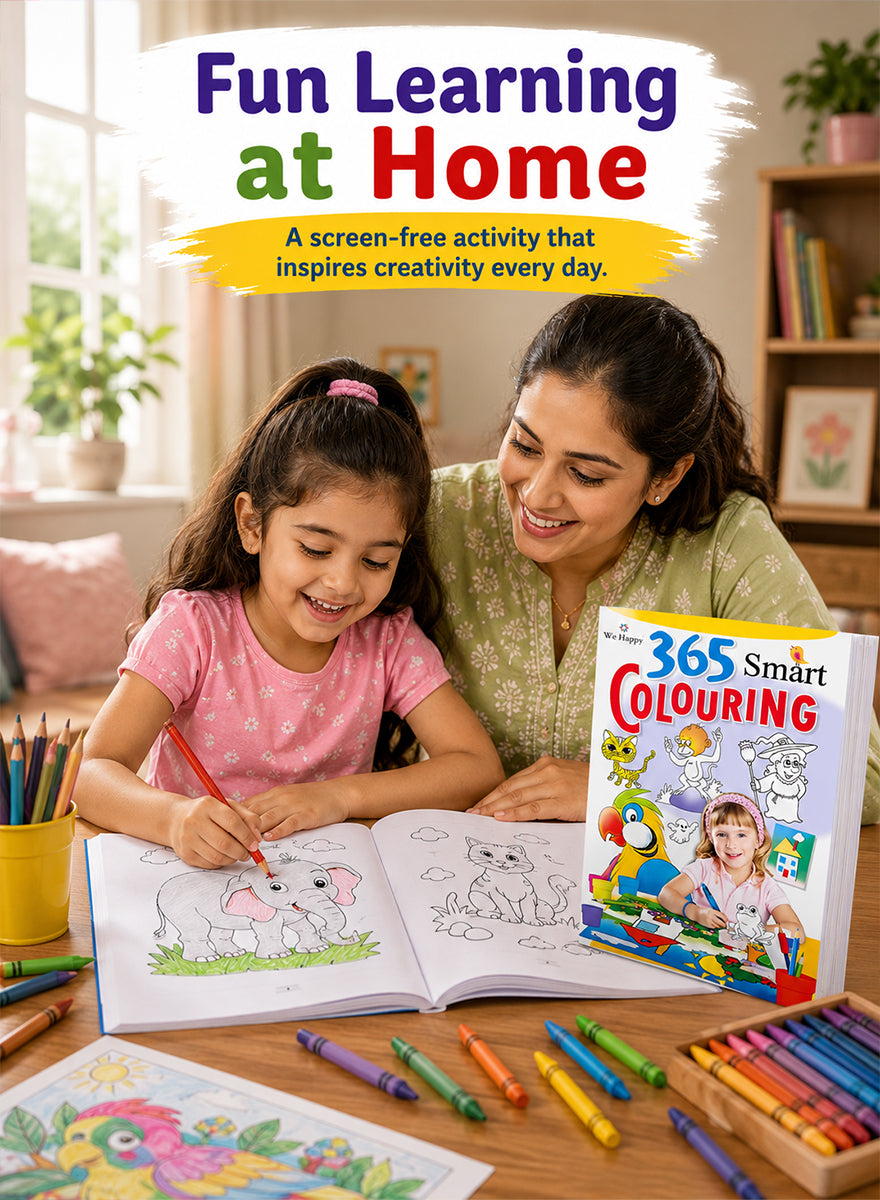A woman and a young girl are sitting at a wooden table, smiling and coloring together in an open book. The scene is bright and cozy, with crayons, colored pencils, and a book titled '365 Smart Colouring' visible on the table.