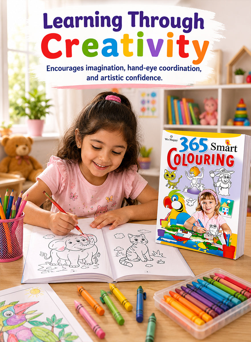 A young girl sits at a desk coloring, with a large book titled '365 Smart Colouring' and a colorful title banner reading 'Learning Through Creativity' in the background. The scene includes crayons, colored pencils, and a toy shelf in a bright room.