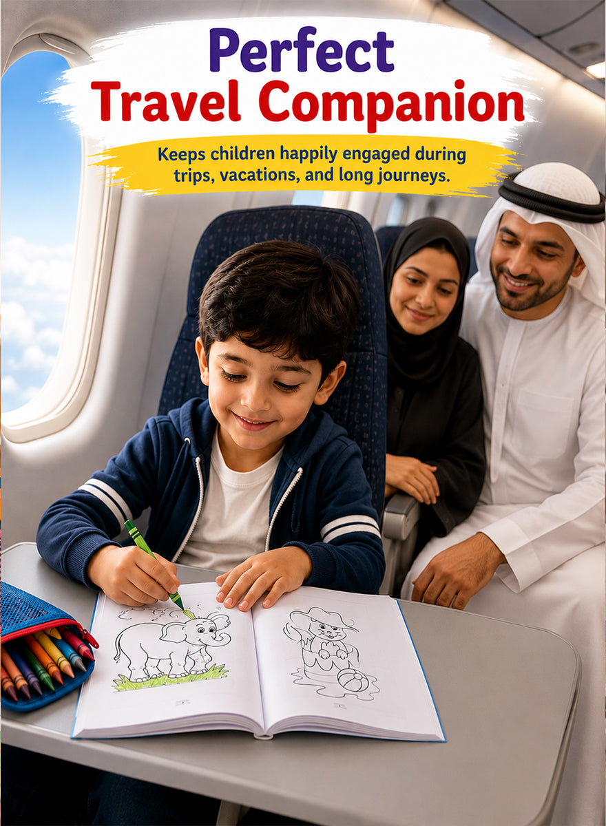 A family travels in an airplane cabin while a child colors in a book. Large text at the top reads 'Perfect Travel Companion' with a subtitle about keeping children happily engaged during trips and vacations.