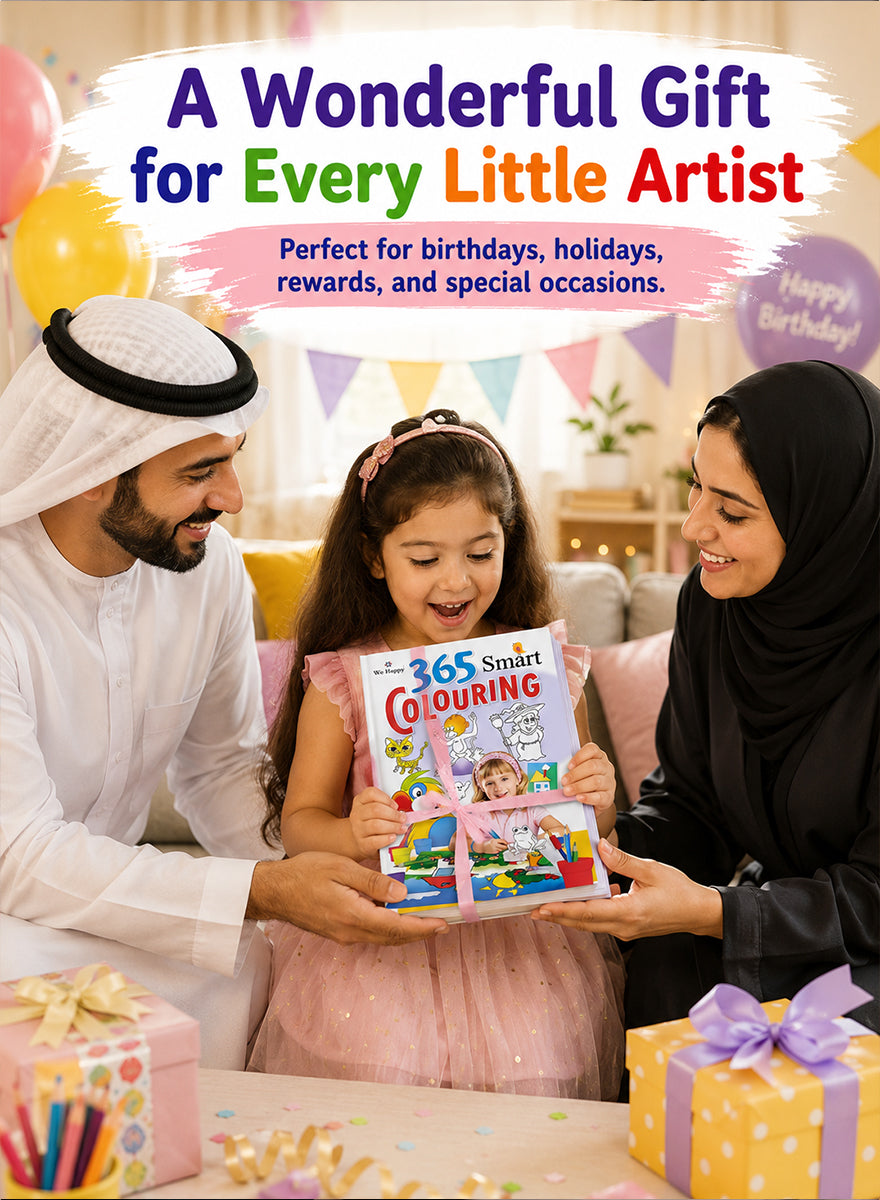 A family of three celebrates with a 365 Smart Colouring book. A young girl in a pink dress holds the colorful book, while a man in traditional white clothing on the left and a woman in black clothing on the right smile and present it.