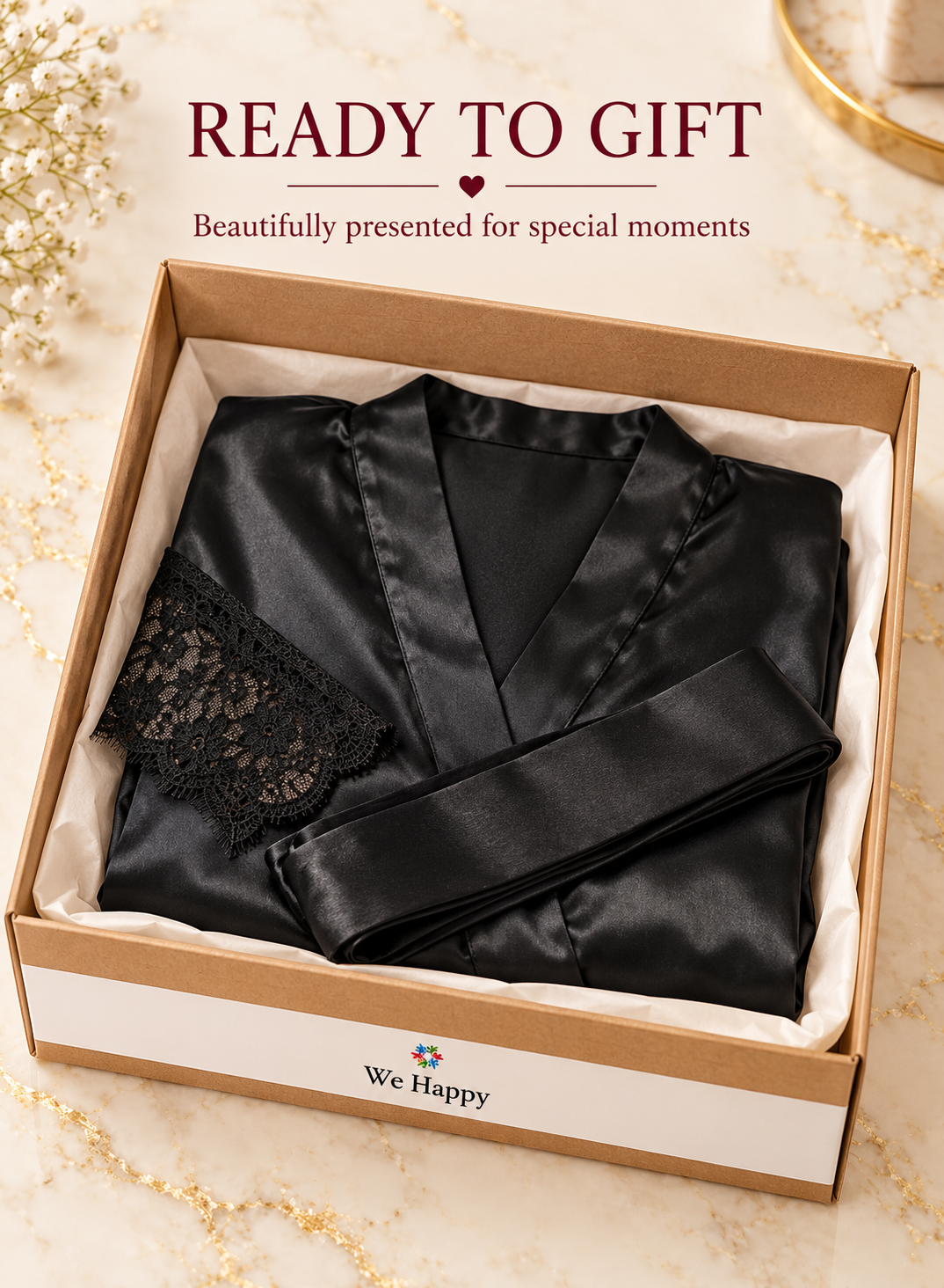 A black satin robe with a matching belt and black lace sleeve cuff, neatly folded and presented inside a brown gift box with white tissue paper. The box is set on a light marble surface with decorative dried flowers, and promotional text at the top reads 'READY TO GIFT' with the brand 'We Happy' visible on the front of the box.