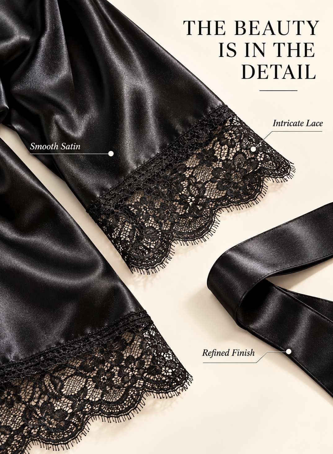 Black satin lingerie or pajama set with intricate black lace trim, shown on a light beige background with text callouts highlighting smooth satin, intricate lace, and refined finish.