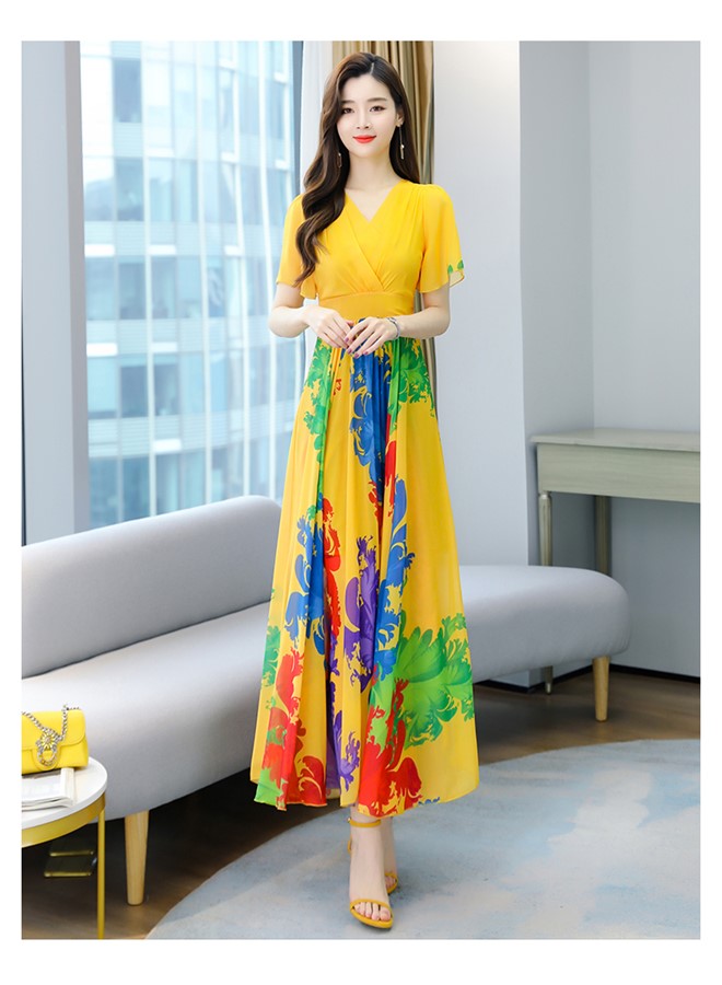 Womens V Neck Maxi Dress, Floral Chiffon Summer Beach Boho Long Dress for Wedding, Party, Prom, Vacation - Elegant Slim Fit Ruffle Hem Gown