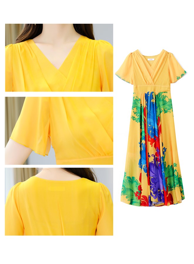 Womens V Neck Maxi Dress, Floral Chiffon Summer Beach Boho Long Dress for Wedding, Party, Prom, Vacation - Elegant Slim Fit Ruffle Hem Gown