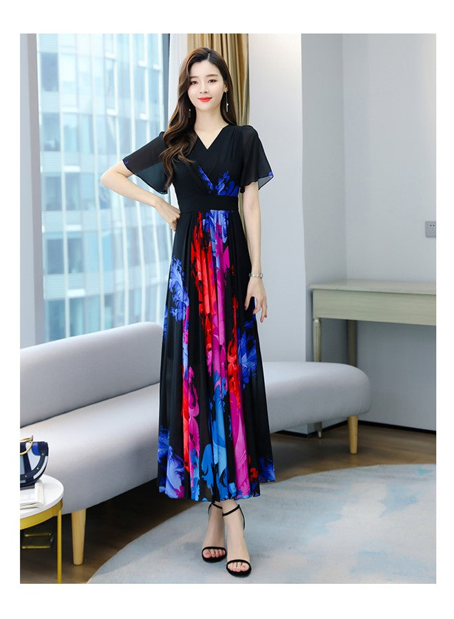 Womens V Neck Maxi Dress, Floral Chiffon Summer Beach Boho Long Dress for Wedding, Party, Prom, Vacation - Elegant Slim Fit Ruffle Hem Gown