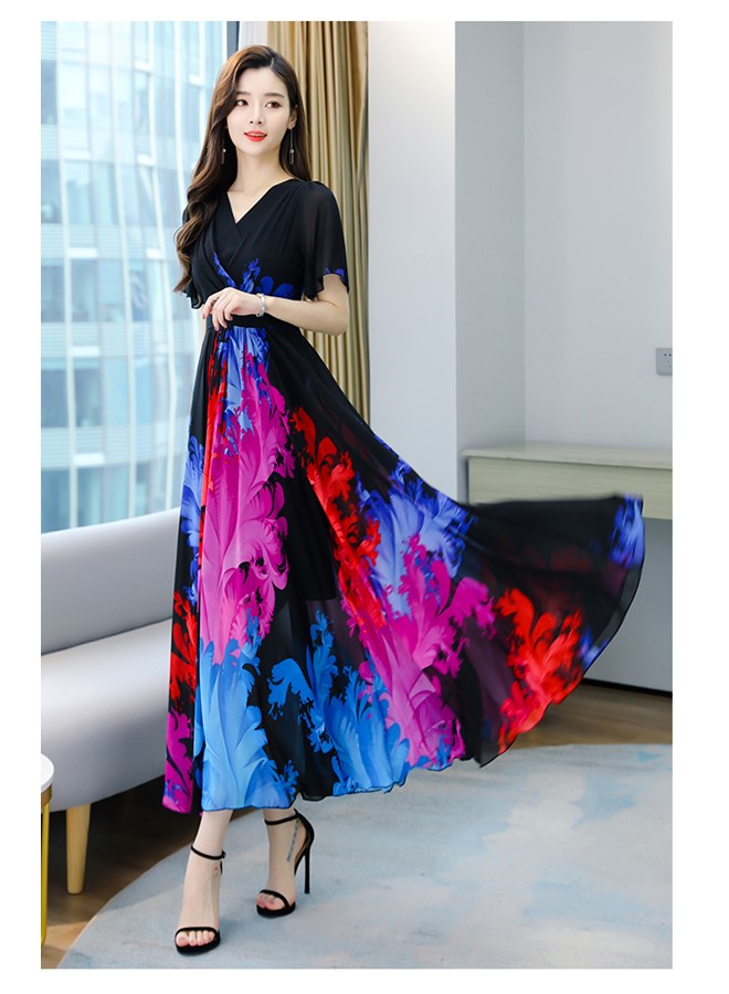 Womens V Neck Maxi Dress, Floral Chiffon Summer Beach Boho Long Dress for Wedding, Party, Prom, Vacation - Elegant Slim Fit Ruffle Hem Gown