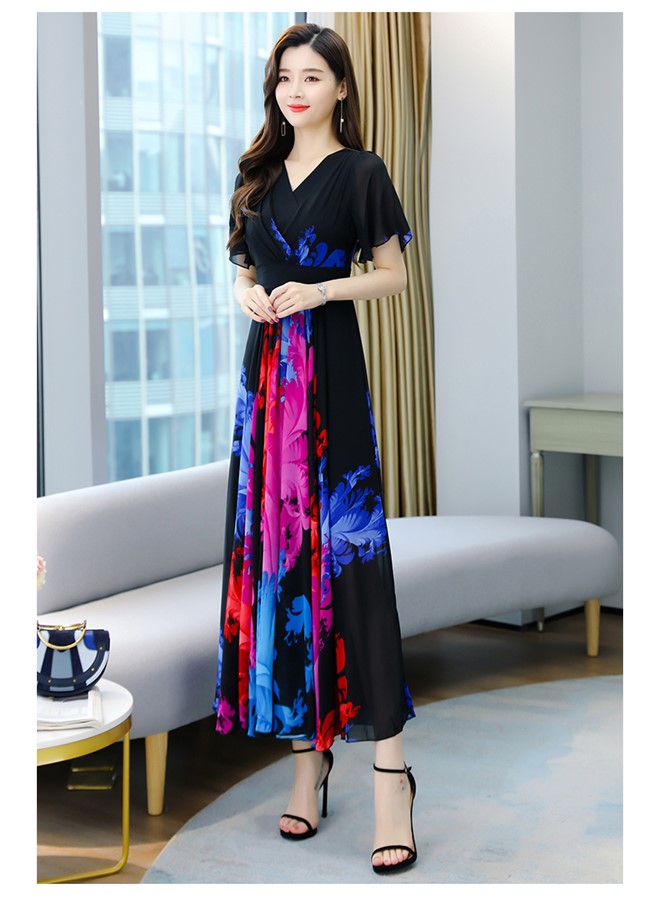 Womens V Neck Maxi Dress, Floral Chiffon Summer Beach Boho Long Dress for Wedding, Party, Prom, Vacation - Elegant Slim Fit Ruffle Hem Gown