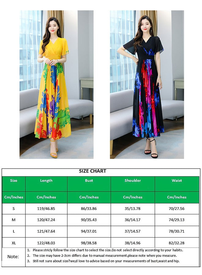 Womens V Neck Maxi Dress, Floral Chiffon Summer Beach Boho Long Dress for Wedding, Party, Prom, Vacation - Elegant Slim Fit Ruffle Hem Gown