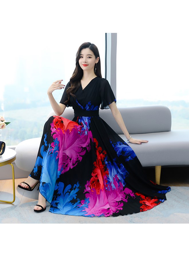 Womens V Neck Maxi Dress, Floral Chiffon Summer Beach Boho Long Dress for Wedding, Party, Prom, Vacation - Elegant Slim Fit Ruffle Hem Gown
