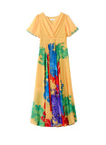 Womens V Neck Maxi Dress, Floral Chiffon Summer Beach Boho Long Dress for Wedding, Party, Prom, Vacation - Elegant Slim Fit Ruffle Hem Gown
