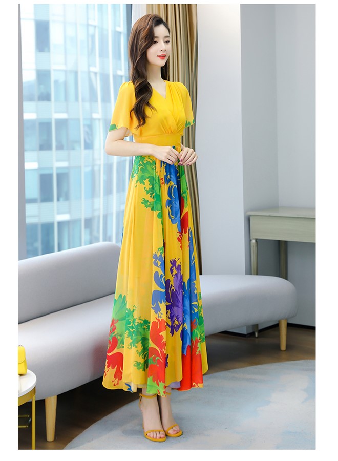 Womens V Neck Maxi Dress, Floral Chiffon Summer Beach Boho Long Dress for Wedding, Party, Prom, Vacation - Elegant Slim Fit Ruffle Hem Gown