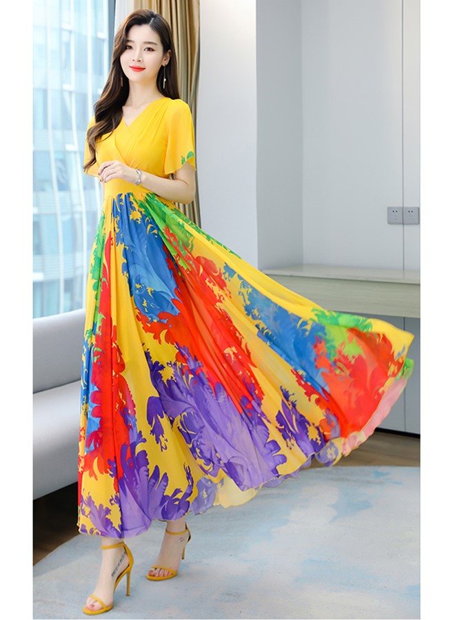Womens V Neck Maxi Dress, Floral Chiffon Summer Beach Boho Long Dress for Wedding, Party, Prom, Vacation - Elegant Slim Fit Ruffle Hem Gown