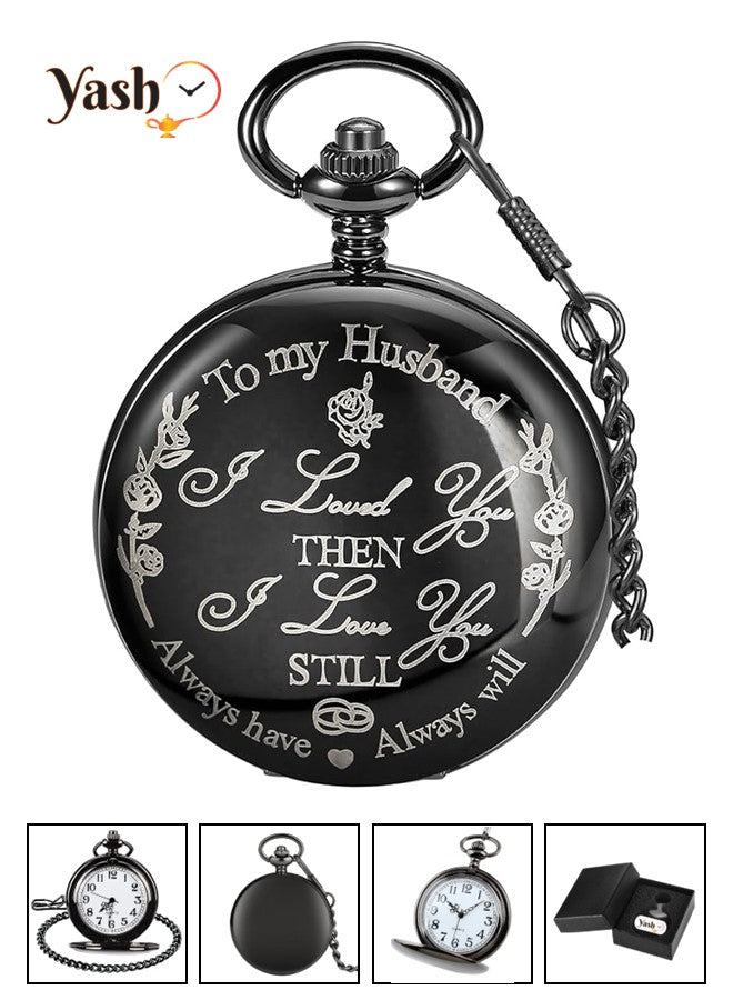 Yash Pocket Watch Personalized Engraved Pocket Watch for Husband – Romantic Anniversary, Birthday, Wedding Gift for Him – Elegant Black Timepiece with Sentimental Message – Best Husband Gift Idea