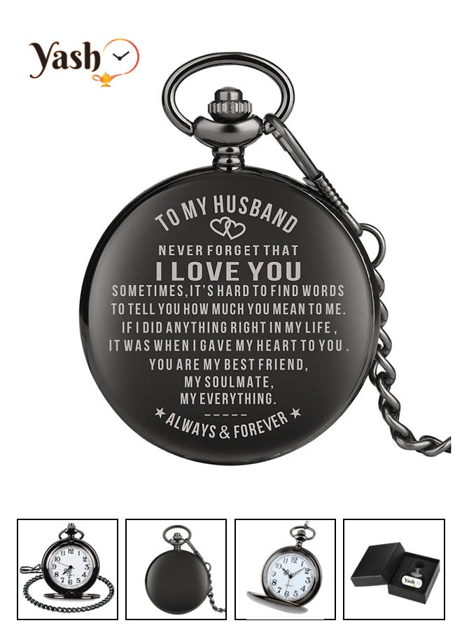 Yash Pocket Watch Personalized Engraved Pocket Watch for Husband – Romantic Anniversary, Birthday, Wedding Gift for Him – Elegant Black Timepiece with Sentimental Message – Best Husband Gift Idea