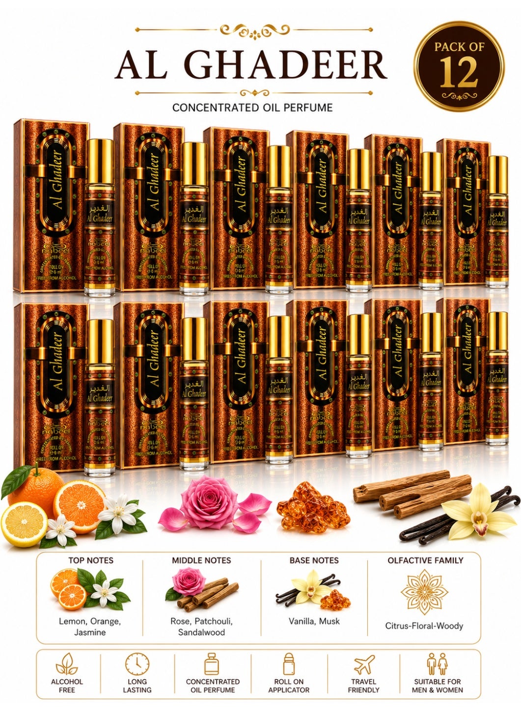 Nabeel Al Ghadeer Alcohol-Free Roll-On Perfume Oil 6ml - 12 Pack - photo 1