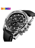SKMEI Men Sport Quartz Waterproof Wrist Watch Black Leather Chronograph 9156