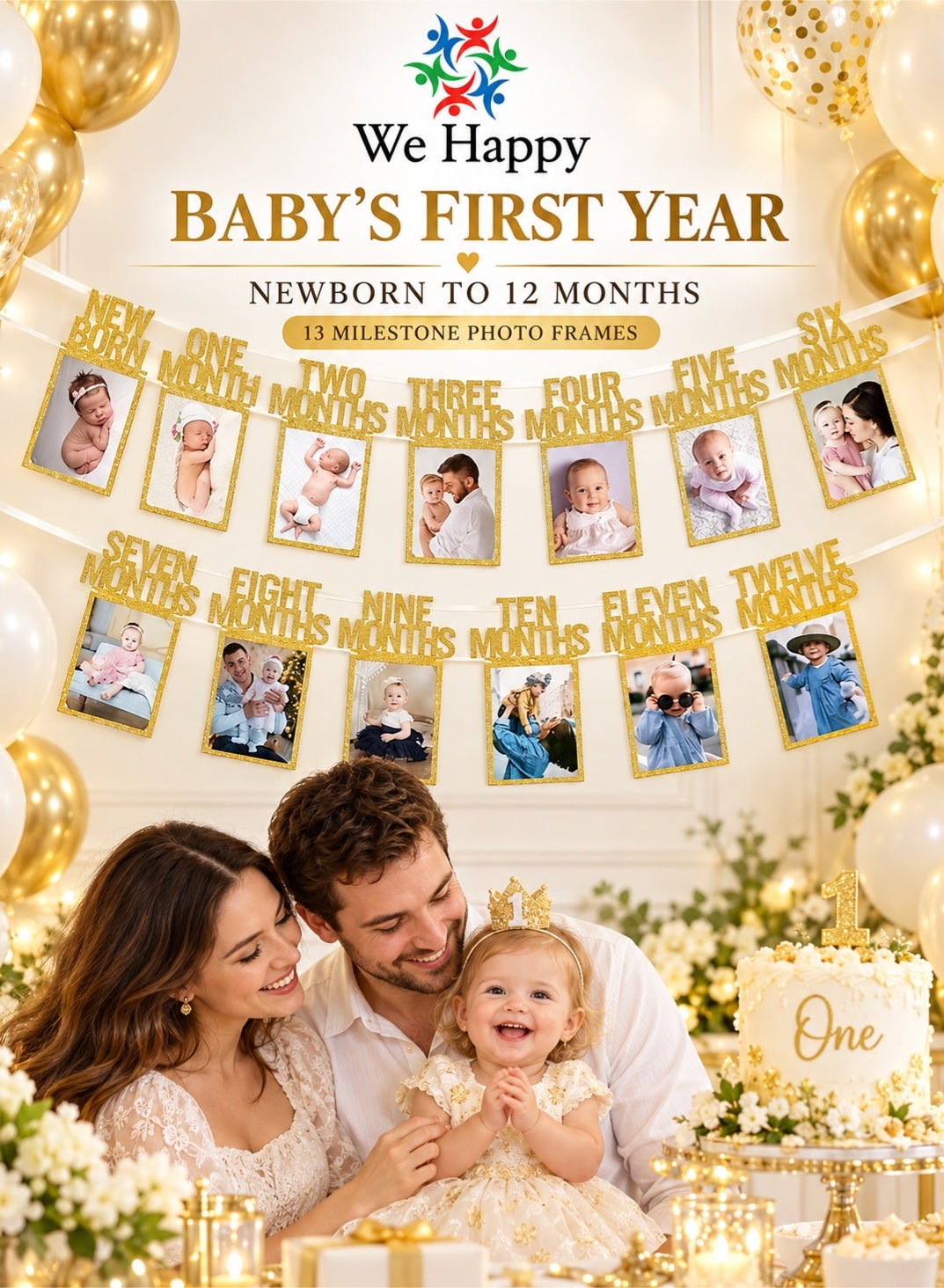 We Happy Newborn to 12 Months Birthday Photo Banner Golden