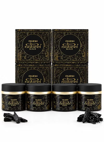 Six black boxes and six black jars of Oudh Nabeel Black with gold detailing, arranged on a white background with loose black roots in front.