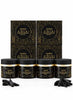 Six black boxes and six black jars of Oudh Nabeel Black with gold detailing, arranged on a white background with loose black roots in front.