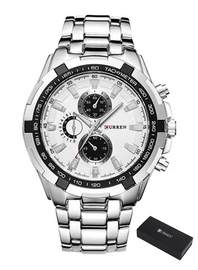 Curren 8023 Silver Steel Chronograph Men’s Luxury Sports Watch Premium Tachymeter Dial and Multifunction Timepiece