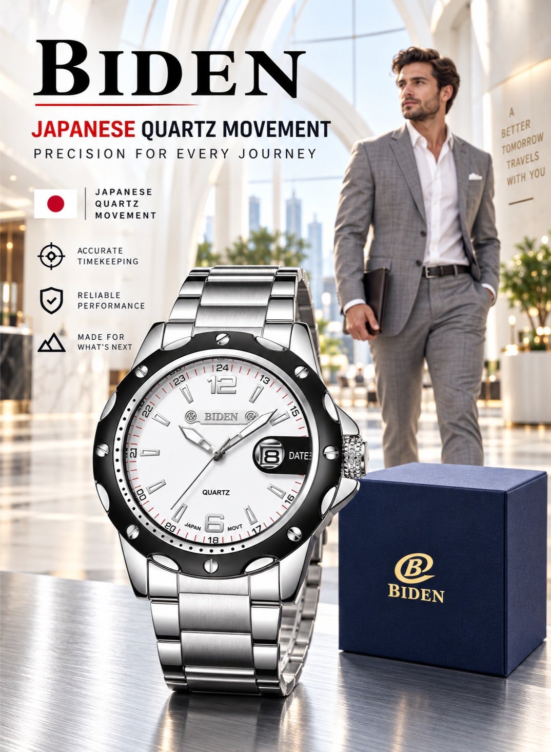 BIDEN Men’s Japanese Quartz Watch Stainless Steel & 3ATM Water Resistance