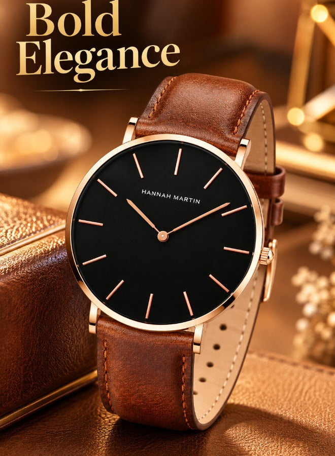 Hannah Martin Women's Leather Strap Watch Black Dial Brown Strap - photo 2